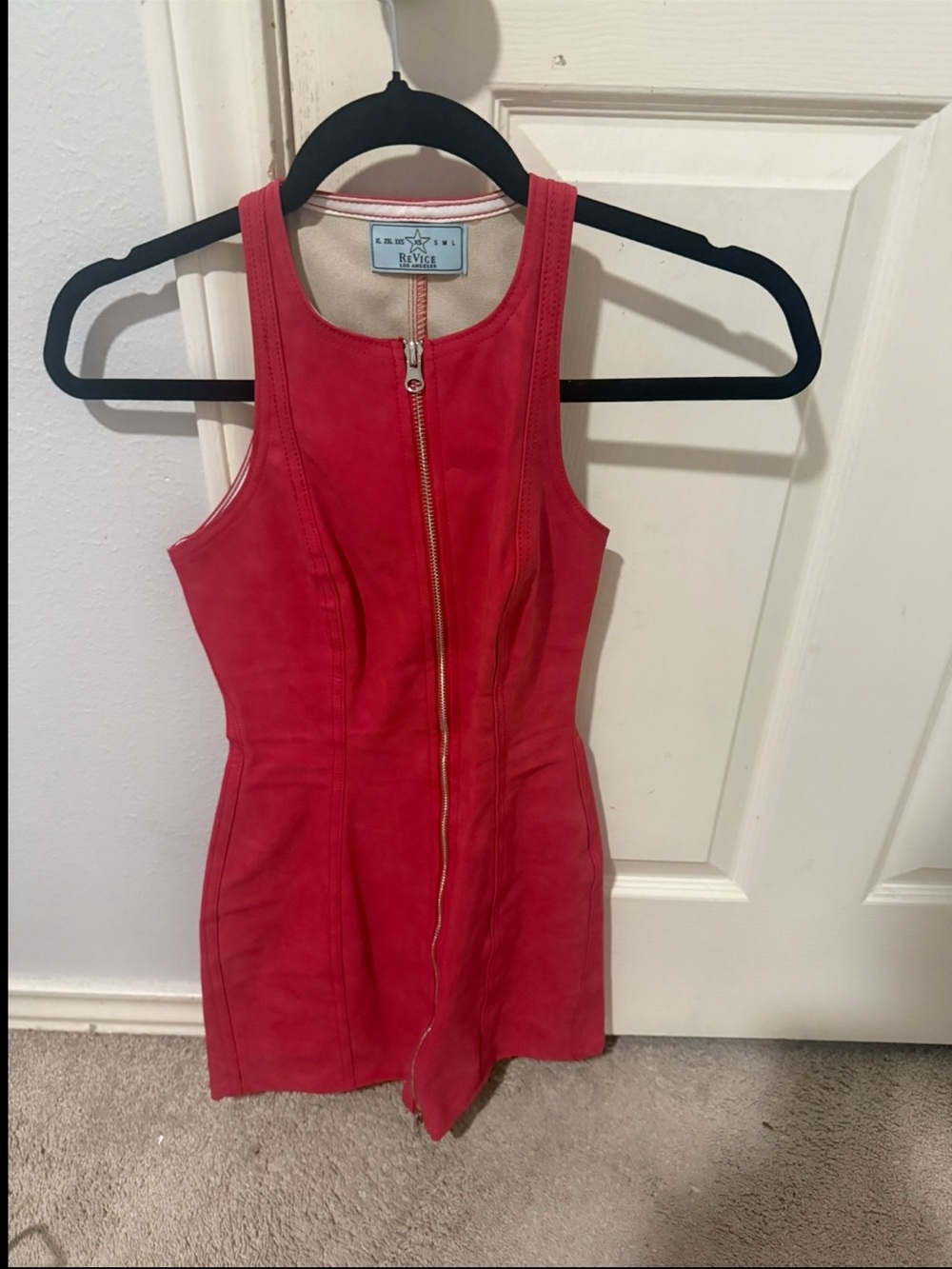 Revice solid leather adorable Red Zip-Front One‑Piece Dress